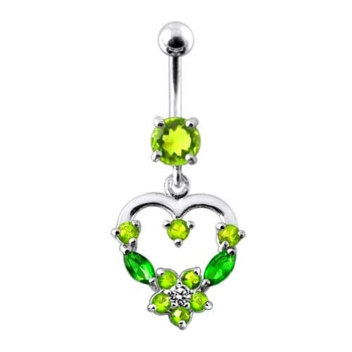 Silver Fancy Mix Color Jeweled Heart Dangling SS Bar Belly Ring