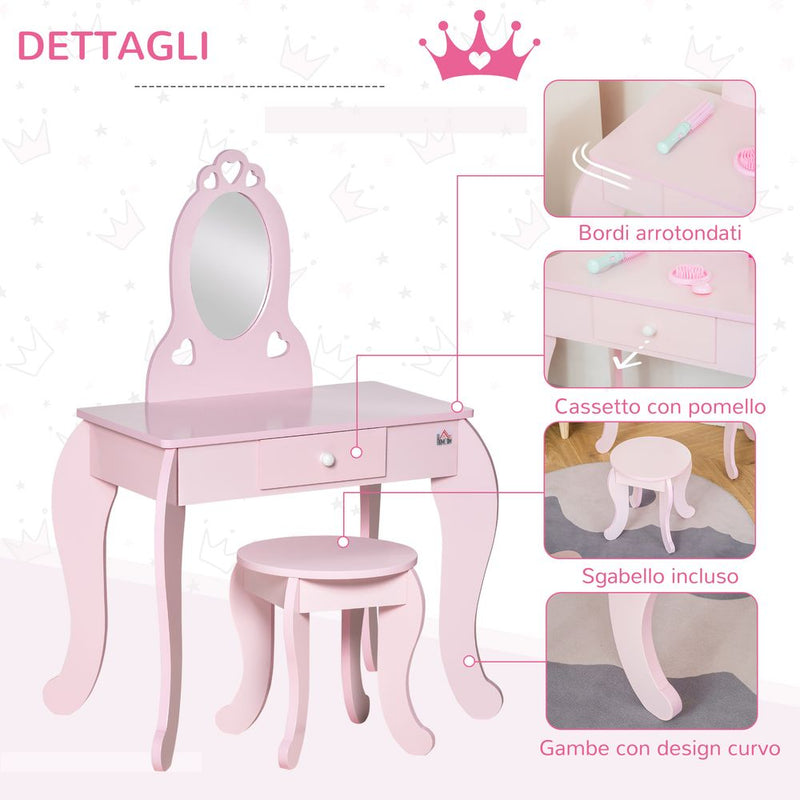 HOMCOM Kids Vanity Table & Stool Girls Dressing Set Make Up Desk Chair Dresser Play Set with Mirror Pink
