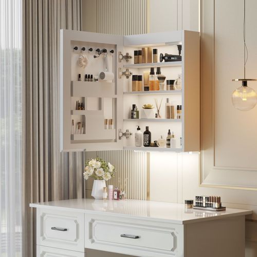 FCH White  LED Mirror Cabinet (20*28 inches),1 Door, 4 Shelves, with Time & Temperature Display, Three-color Lighting, Adjustable Brightness, Power-off Memory