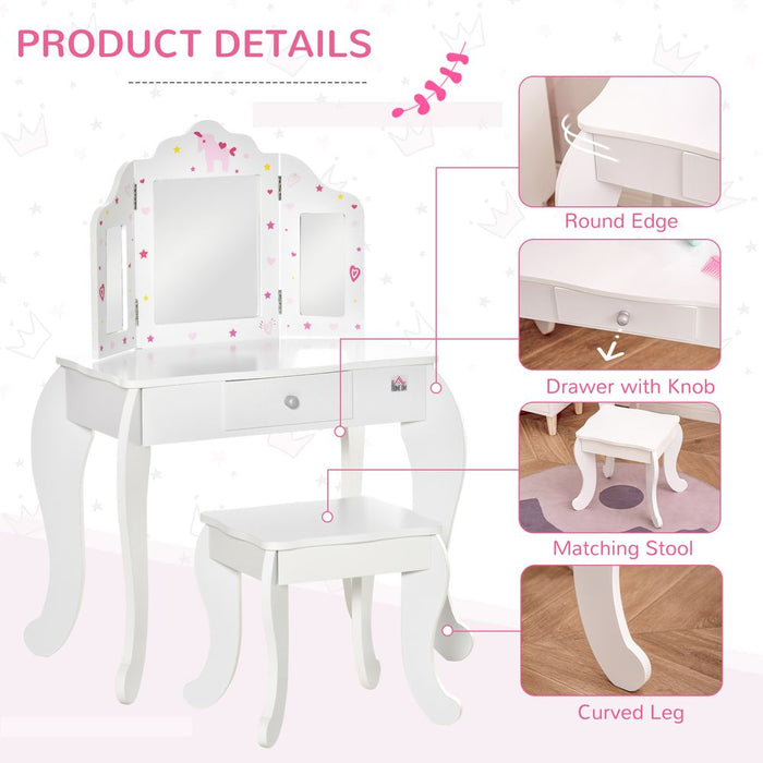 HOMCOM Kids Vanity Table & Stool Girls Dressing Set Make Up Desk Chair Dresser Play Set with Rotatable Mirrors Drawer Star & Heart Pattern White E