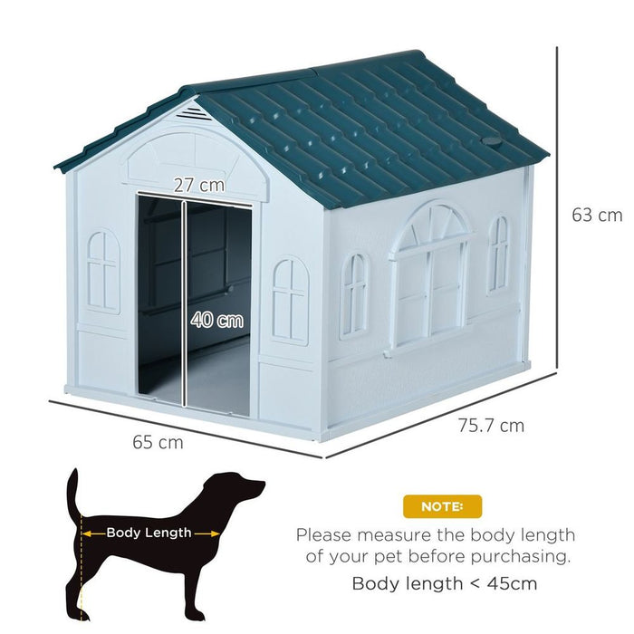 PawHut Weather-Resistant Dog House - Blue. Keep Your Medium Dog Safe & Cozy. Shielding from Rain & UV Rays. Easy Assembly. Optimal Airflow.