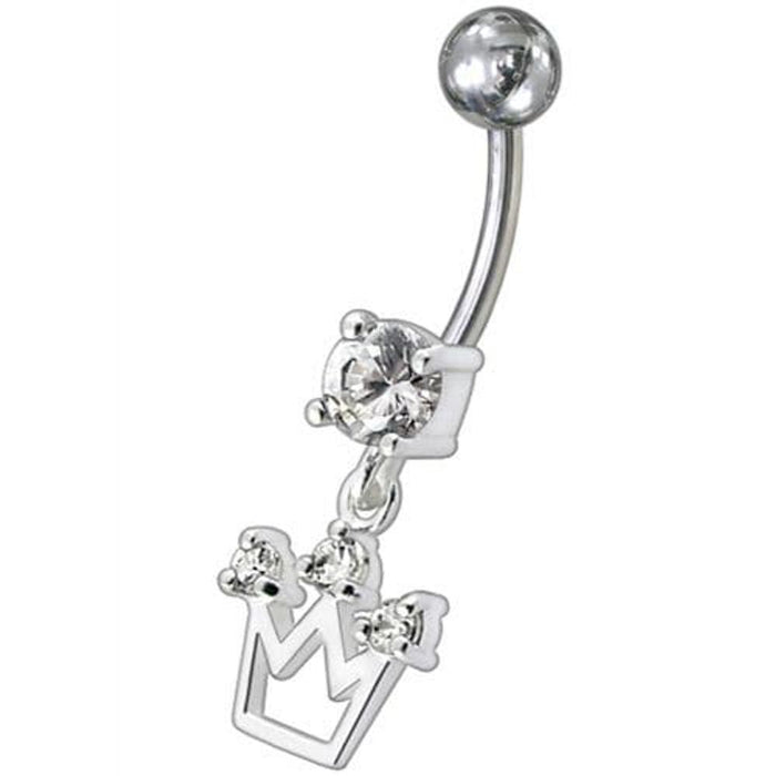 Fancy Silver Crown Jeweled Dangling Belly Ring