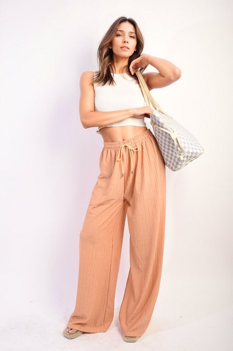 Carla Textured Wide Leg Drawstring Trousers - Stylish & Comfortable Pants for Women