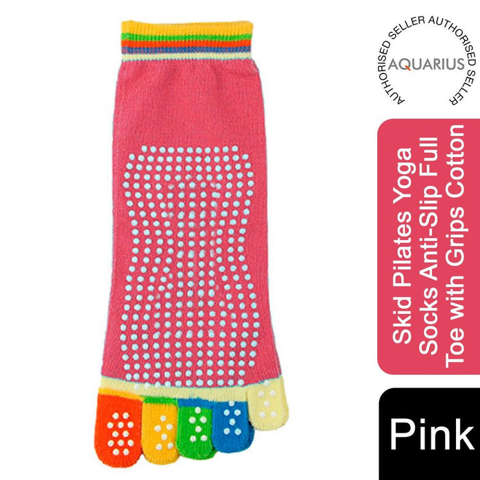 Non Slip Skid Pilates Yoga Socks Anti-Slip Full Toe Grips Cotton[Pink]