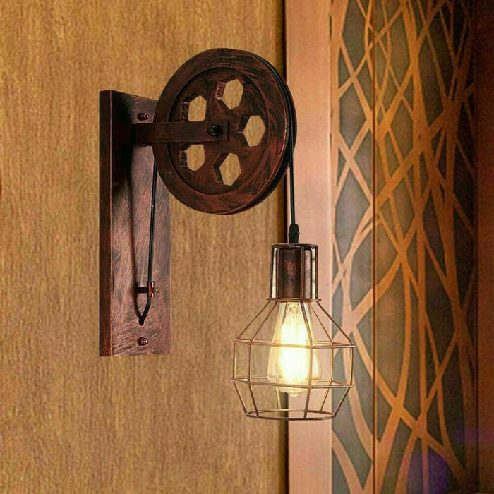 Vintage Industrial Pulley Wheel Wall Mounted Light Metal Cylinder Shape Shade