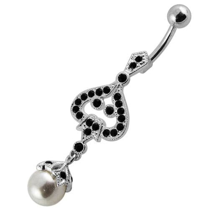 Silver Jeweled Fancy pearl Dangling With Curved SS Bar Navel Belly Ring