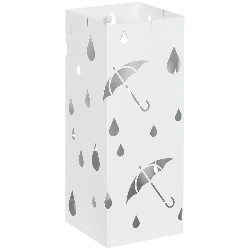 HOMCOM Metal Umbrella Stand, Square Umbrella Basket with 4 Hooks Drip Tray White