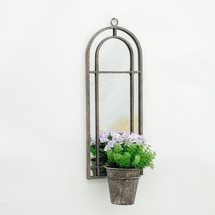 Premium 64CM Wall Mirror with Single Planter: Antique Finish, Distressed Metal - Durable & Stylish