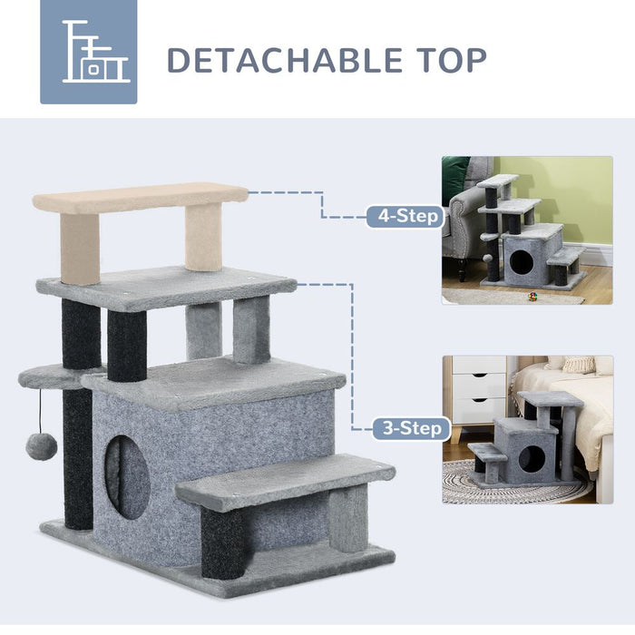 PawHut Dog Steps for Bed 4 Step Pet Stairs Cat House with Detachable Cover, Cat ladder for Sofa w/Hanging Balls - Grey