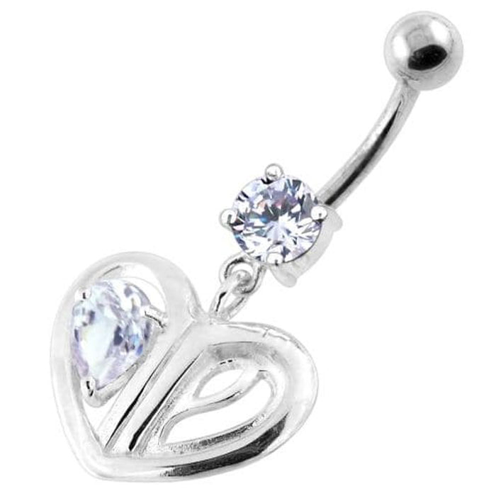 Jeweled Heart Cut out 925 Sterling Silver Navel Bar