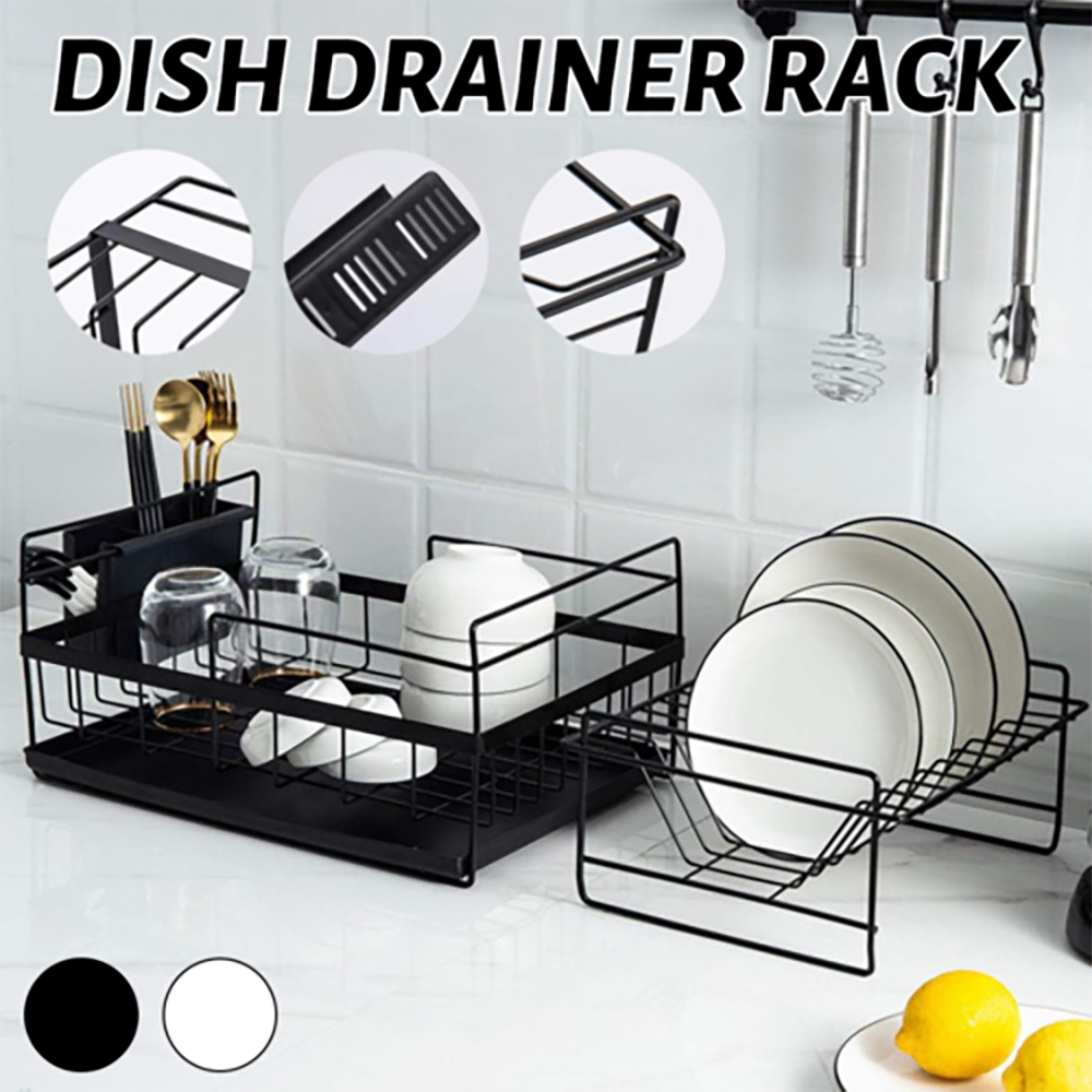 2 Tier Kitchen Sink Dish Drainer Rack with Drip Tray Cutlery Holder Pl ...