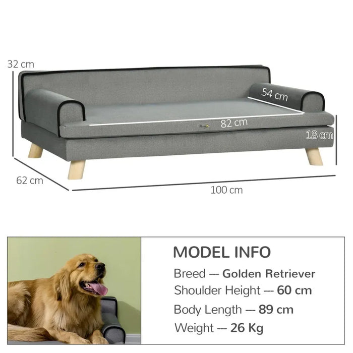 Pet Sofa for Large, Medium Dogs, with Wooden Legs Water-resistant Fabric, Grey