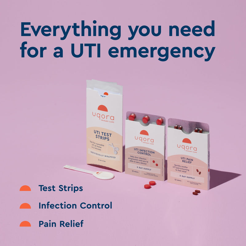 Uqora UTI Emergency Kit – 2 Test Strips, 12 Pain Relief & 12 Infection Control Tablets | Urinary Tract Support