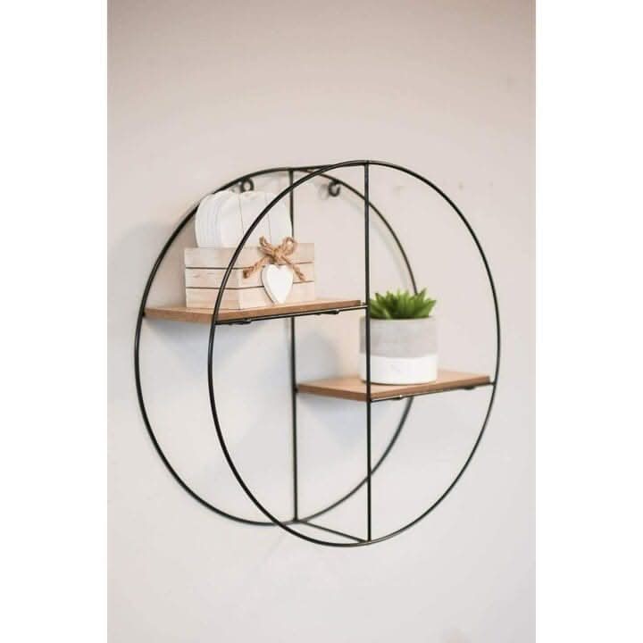 2 Tier Round Floating Wall Shelf Wood Effect Black Metal Frame