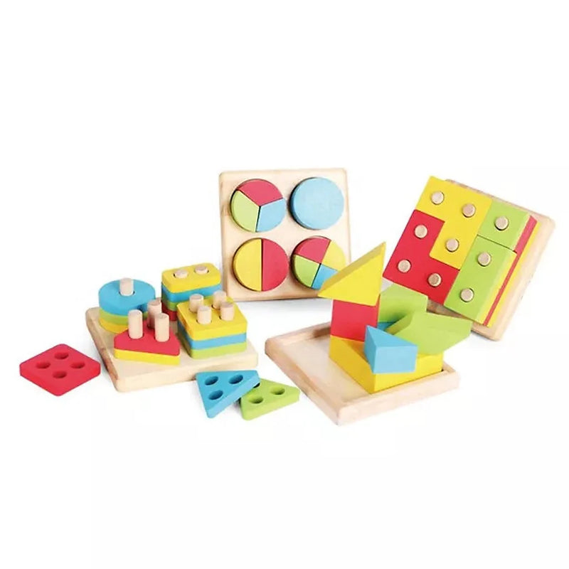4-Piece Educational Wooden Playset – Shape Sorter, Puzzles, Stacking Blocks & Colour Boards – Montessori-Style Toy for Toddlers 18 Months+