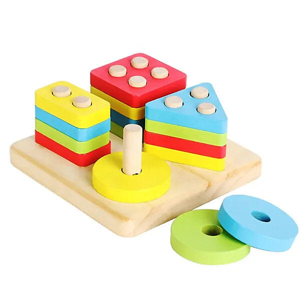 4-Piece Educational Wooden Playset – Shape Sorter, Puzzles, Stacking Blocks & Colour Boards – Montessori-Style Toy for Toddlers 18 Months+