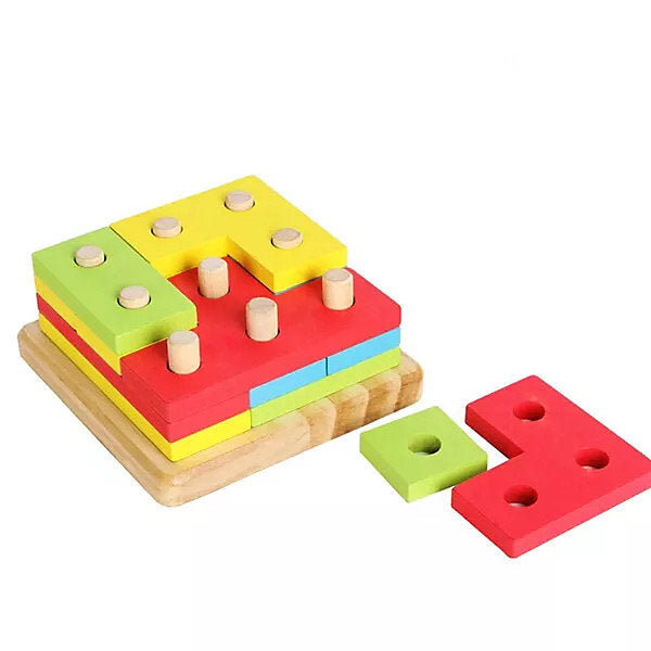 4-Piece Educational Wooden Playset – Shape Sorter, Puzzles, Stacking Blocks & Colour Boards – Montessori-Style Toy for Toddlers 18 Months+