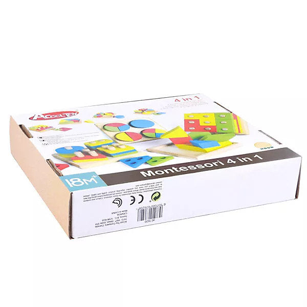 4-Piece Educational Wooden Playset – Shape Sorter, Puzzles, Stacking Blocks & Colour Boards – Montessori-Style Toy for Toddlers 18 Months+