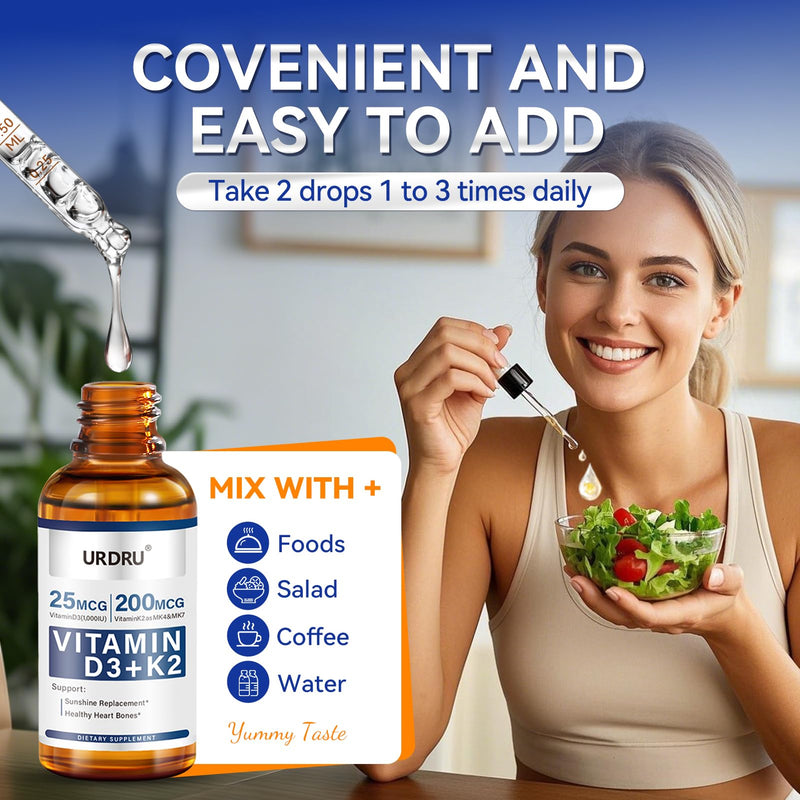 URDRU (2 Pack) Vitamin D3 K2 Liquid Drops – 2 Fl Oz | 1,000 IU D3 & 200 mcg K2 for Immune & Bone Health