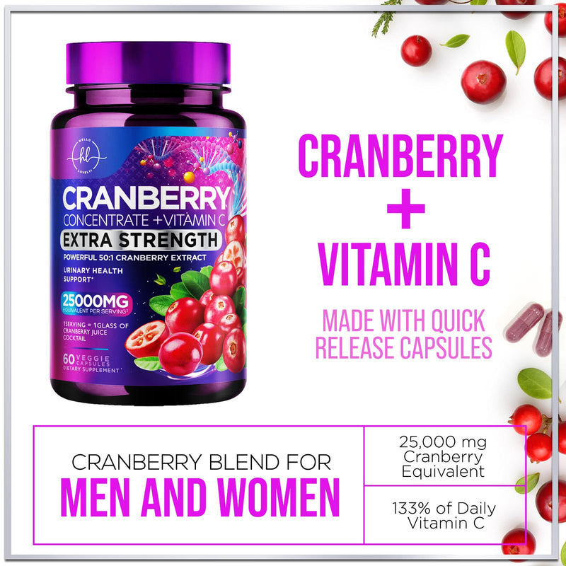 Cranberry Pills 25,000mg 3X Strength with Vitamin C | Sugar-Free, 60 Capsules