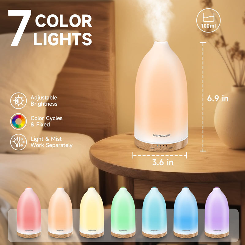 URPOWER Essential Oil Diffuser - 7 LED Colors, Auto-Off, 100ml Ultrasonic