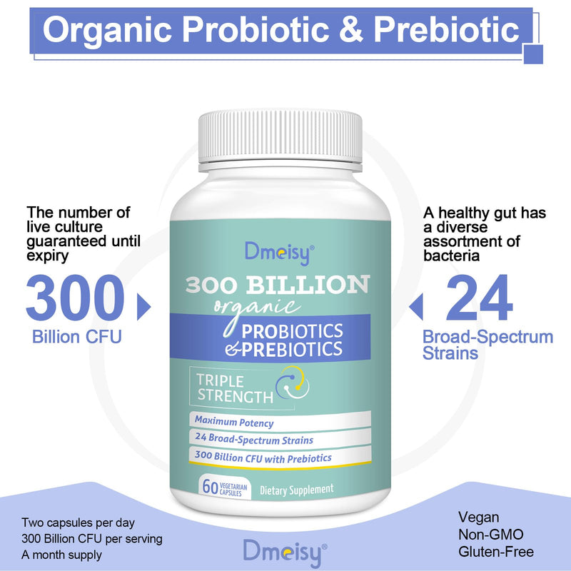 Probiotics for Women and Men - 300 Billion CFU, 24 Strains, 15 Organic Herbs + Prebiotics - Shelf-Stable Gut Health Supplement (8 Month Supply)