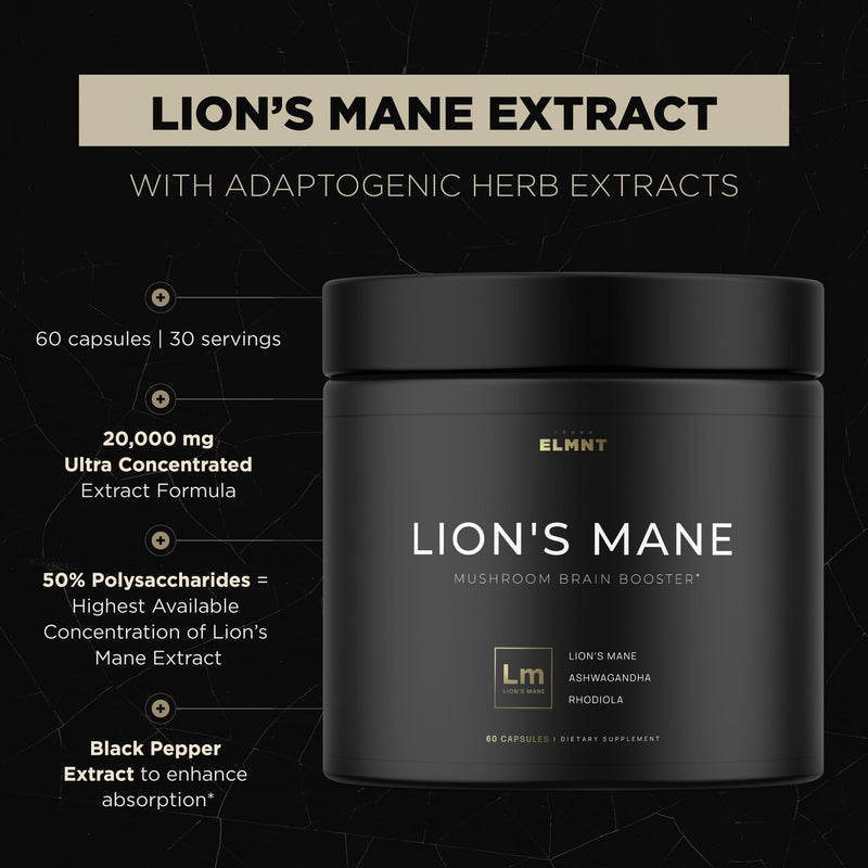 20,000mg 16x Strength Lions Mane Supplement Capsules Super Nootropic w. Ashwagandha & Rhodiola - Highest Potency Lion's Mane Mushroom Extract 50% Polysaccharides Brain Supplements for Memory and Focus