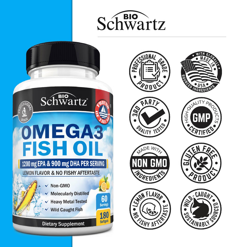 Triple Strength Omega-3 Fish Oil 2250mg EPA/DHA - Burpless Lemon, 180 Softgels