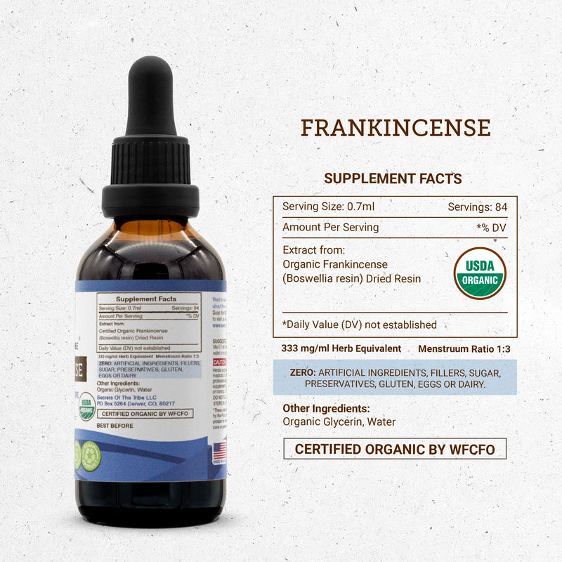 Secrets of the Tribe Frankincense USDA Organic Tincture Alcohol-Free Extract, Frankincense (Boswellia Serrata) Dried Resin 2 oz