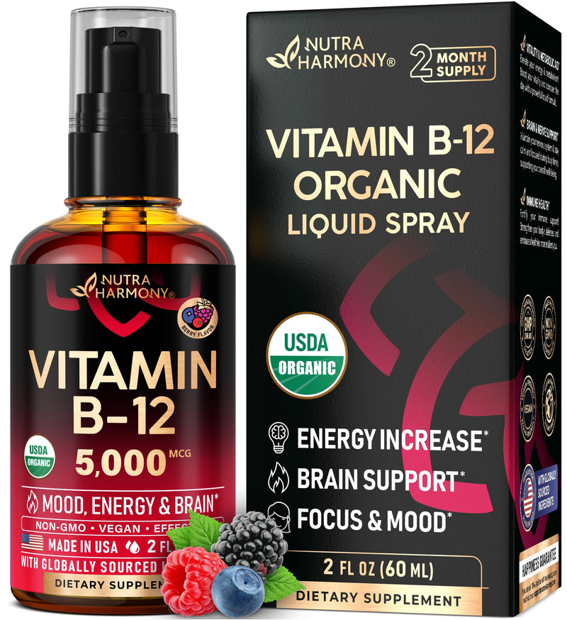USDA Organic Vitamin B12 Sublingual Spray 5000 mcg - Vegan Methylcobalamin | 2 fl oz | 2 Month Supply