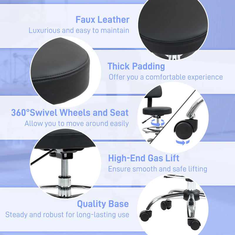 HOMCOM Faux Leather Adjustable Stool, 360° Swivel Chair for Study, Black