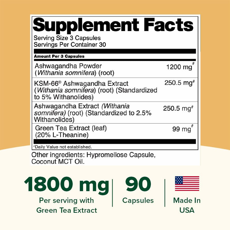VAHDAM Ashwagandha 1800mg with L-Theanine | Stress Relief, Mood & Sleep | 90 Capsules