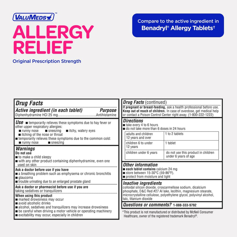 ValuMeds Allergy Medicine Diphenhydramine HCl 25 mg | For Children & Adults | Relieve Itchy Eyes, Runny Nose & Sneezing (600)