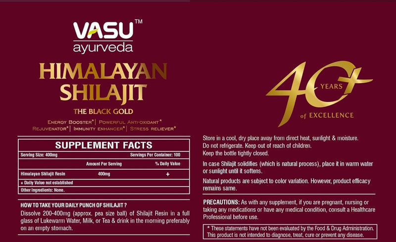 VASU Ayurveda Himalayan Shilajit Resin 400mg – Lab Tested Energy Booster (2-Pack)