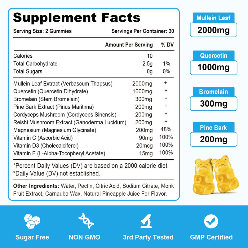 Vazatisi Mullein Gummies – Lung Detox, Pineapple Flavor, 120 Cts