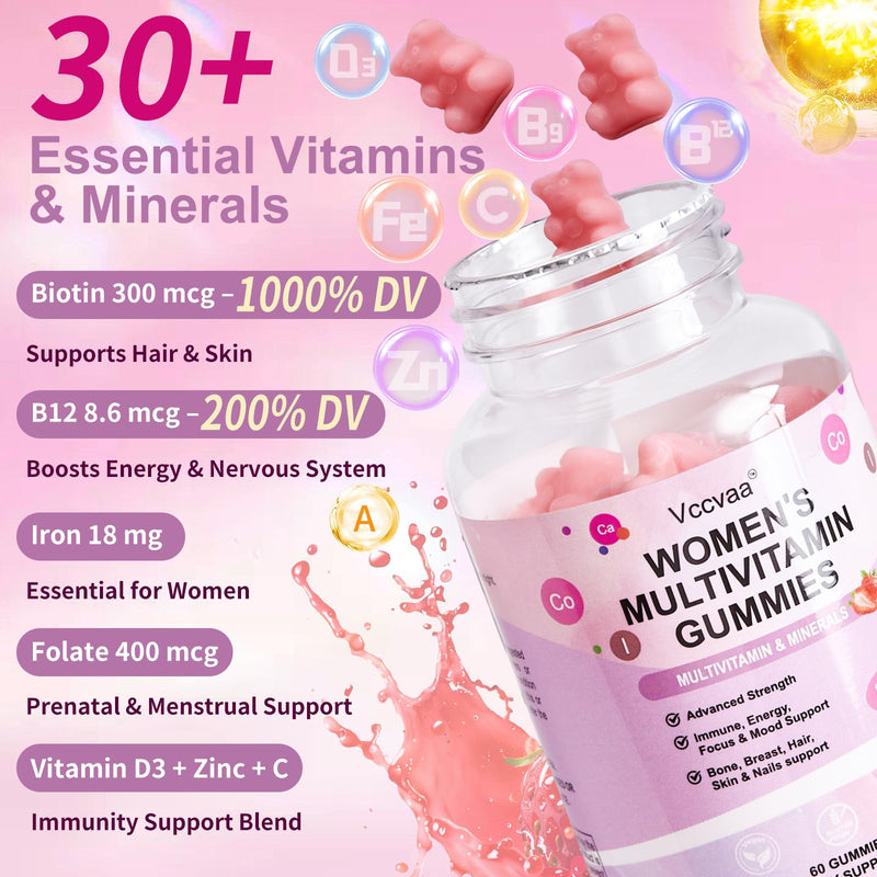 Vccvaa Sugar Free Multivitamin Gummies for Women 14+ – Iron, Folate, 20+ Nutrients | Vegan