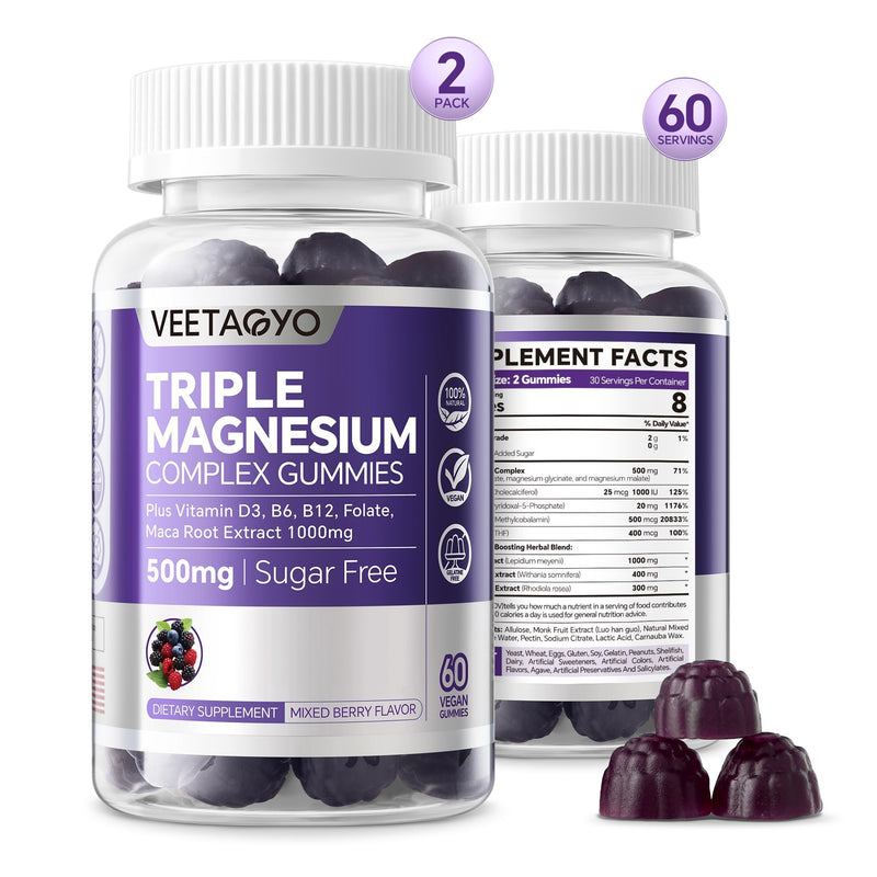 VEETAGYO Magnesium Gummies 500mg | 3 Magnesium Forms (Glycinate, Taurate, Malate) | Vegan Sugar-Free | 120 ct