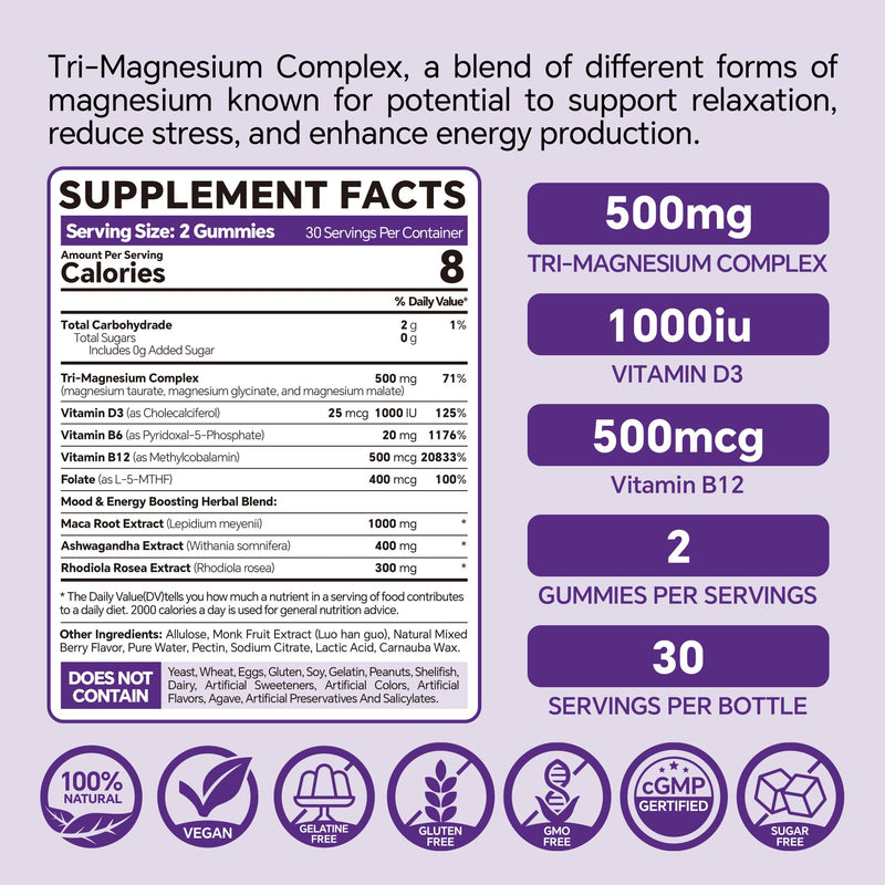 VEETAGYO Magnesium Gummies 500mg | 3 Magnesium Forms (Glycinate, Taurate, Malate) | Vegan Sugar-Free | 120 ct