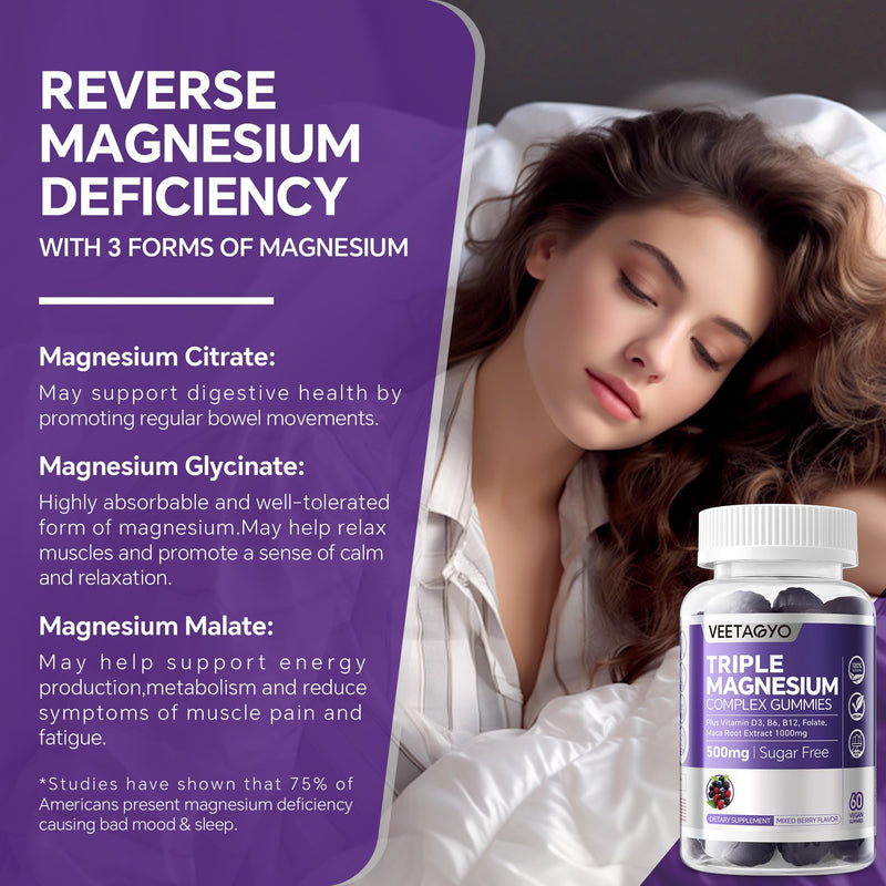 VEETAGYO Magnesium Gummies 500mg | 3 Magnesium Forms (Glycinate, Taurate, Malate) | Vegan Sugar-Free | 120 ct