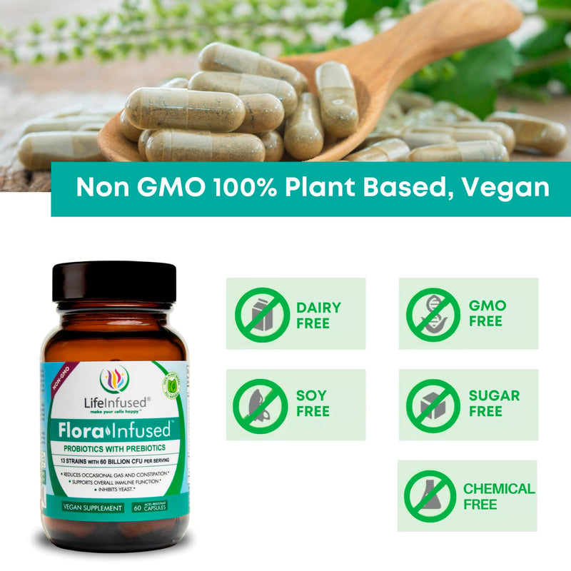 Life Infused Flora Infused Probiotics with Prebiotics - 50 Billion CFU, 13 Strains, Enzyme Blend - Vegan - 60 Capsules