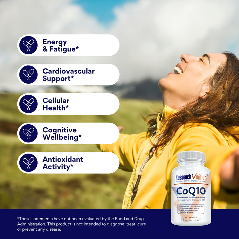 Research Verified CoQ10 – 250mg Pure CoQ10 with Bioperine, 180 Vegan Capsules | Enhanced Absorption