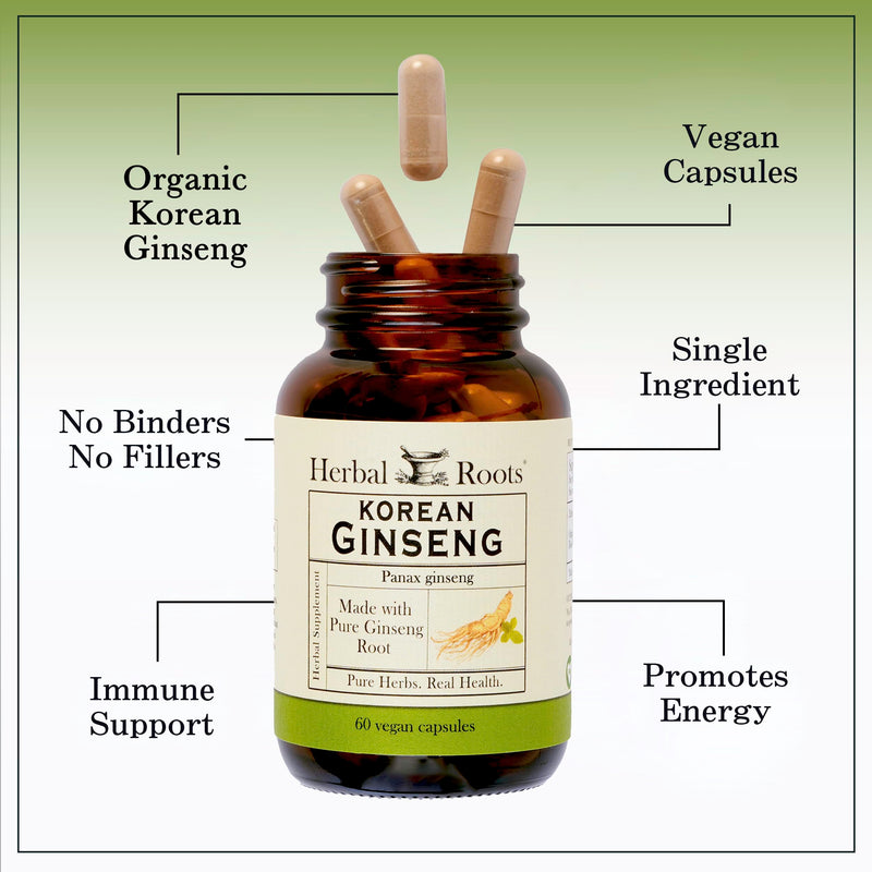 Herbal Roots Panax Ginseng | Organic Korean Ginseng Root Powder 1000mg | High Ginsenosides for Energy & Performance | 60 Vegan Capsules