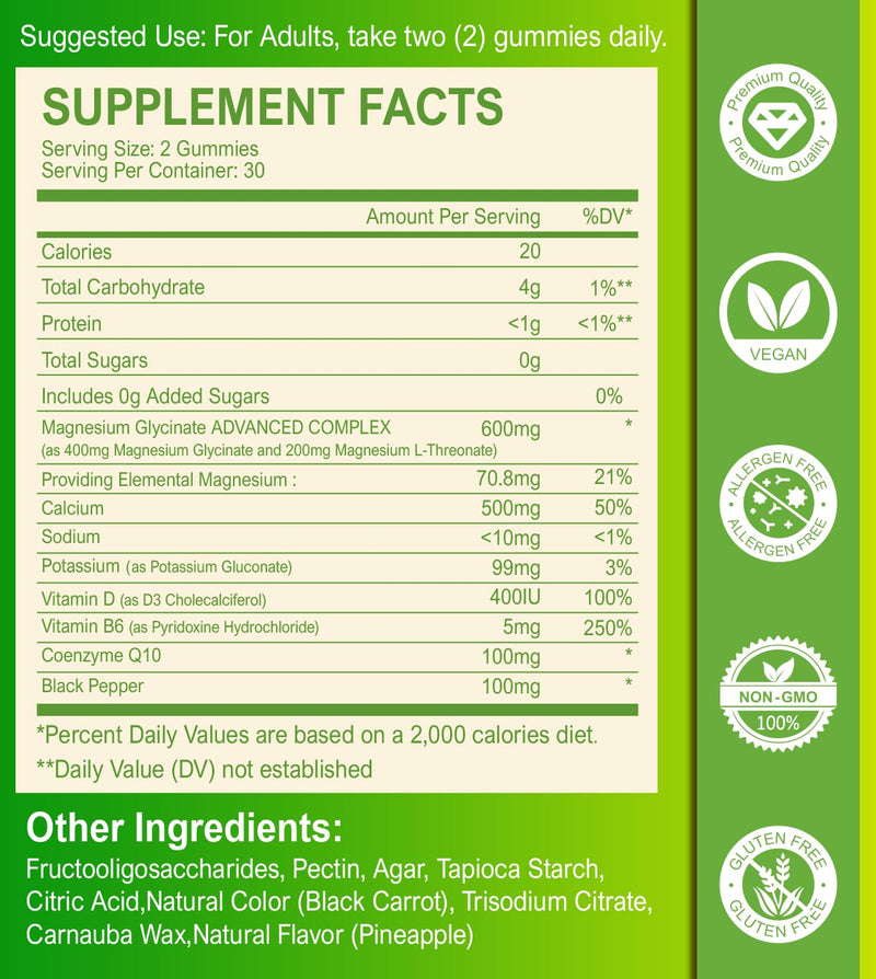 Sugar Free Magnesium Glycinate Gummies – 400mg Glycinate + 200mg L-Threonate, 60 Gummies