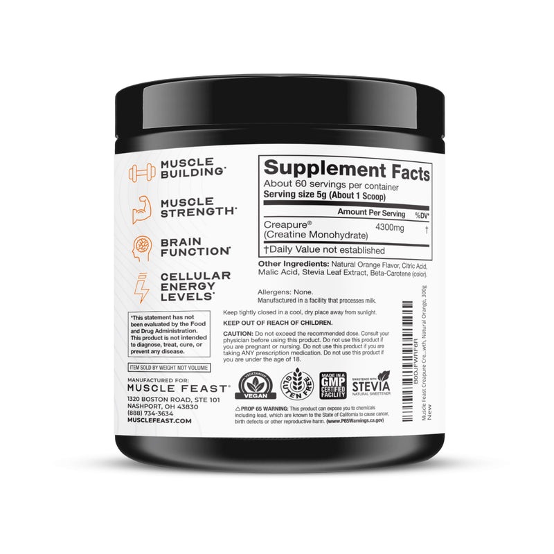 Muscle Feast Creapure Creatine Monohydrate Powder – Natural Orange, 300g | Vegan, Gluten-Free, Easy to Mix