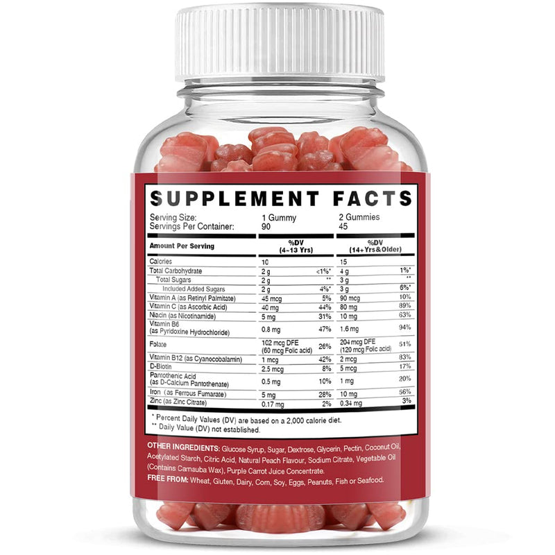 Vegan Iron Gummies with Vitamin C, A, B-Complex, Folate & Zinc – Peach Flavor (90 Ct) for Adults & Kids