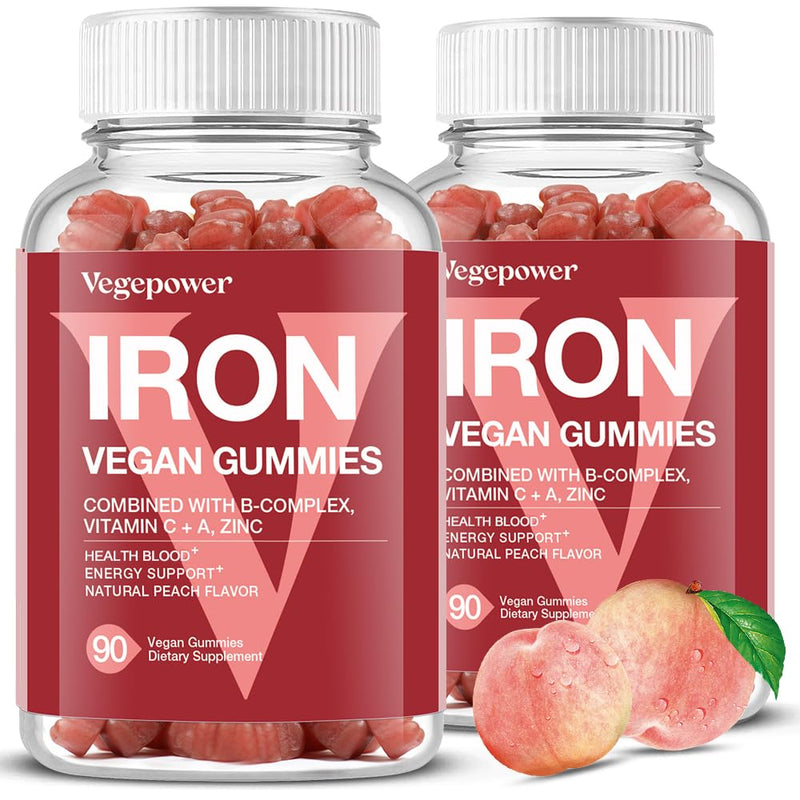 VEGEPOWER Vegan Iron Gummies – Peach Flavor (2 Packs) | Iron, Vitamin C/A/B/Zinc