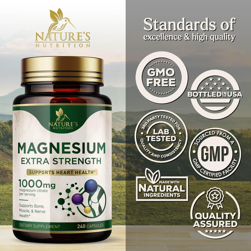 Magnesium 1000 mg Citrate - High Potency Mineral Support (Bone, Heart, Nerves & Muscles) - 240 Capsules