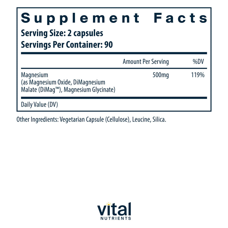 Vital Nutrients Triple Magnesium Complex - 250mg Vegan Magnesium Glycinate, Malate & Oxide | 180 Capsules