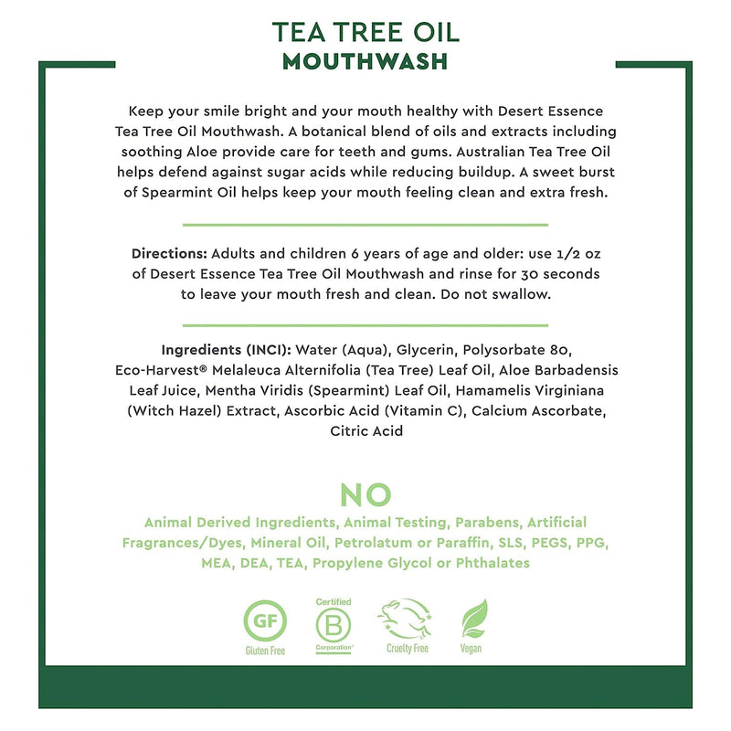 Desert Essence Sugar-Free Alcohol-Free Mouthwash with Tea Tree Oil & Aloe – Spearmint, 8oz | Vegan, Non-GMO, SLS-Free