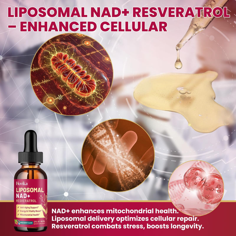 Liposomal NAD Supplement - 1200mg NAD+ Liquid Drops for Women & Men with Resveratrol, Black Pepper Extract - Support Anti-Aging, Brain & Cellular Mitochondrial Health - 2 Fl Oz Mixed Berry Flavor